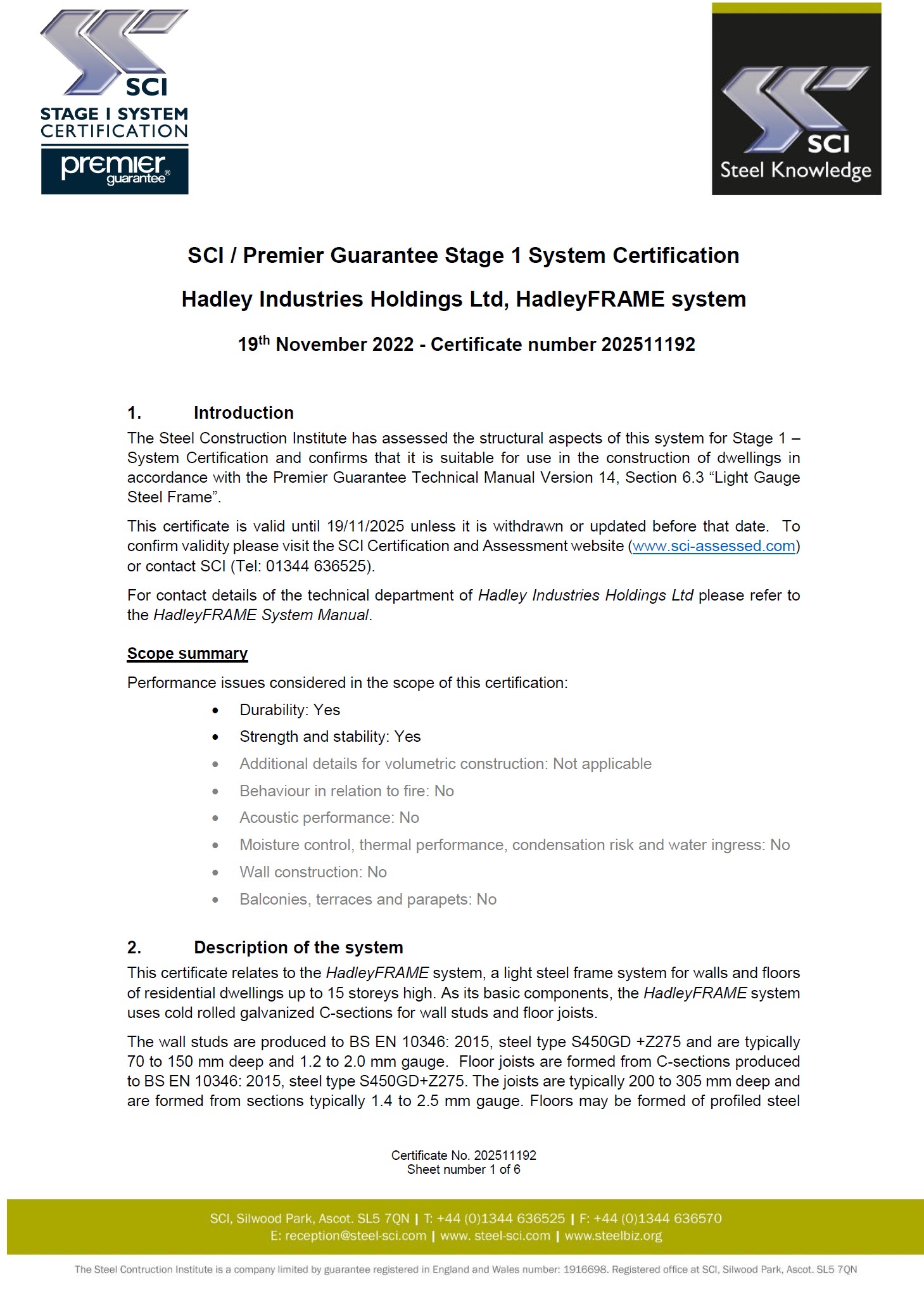 SCI Premier Guarantee Stage 1